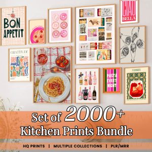 Set of 2000+ Kitchen Prints Bundle, Colorful Food & Drink Wall Art, HQ Digital Prints, PLR/MRR Aesthetic Dining Decor