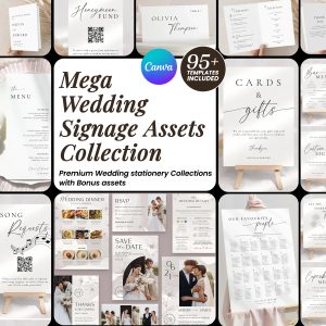 Minimalist Wedding Sign Bundle, Modern Canva Template (95+ Assets)