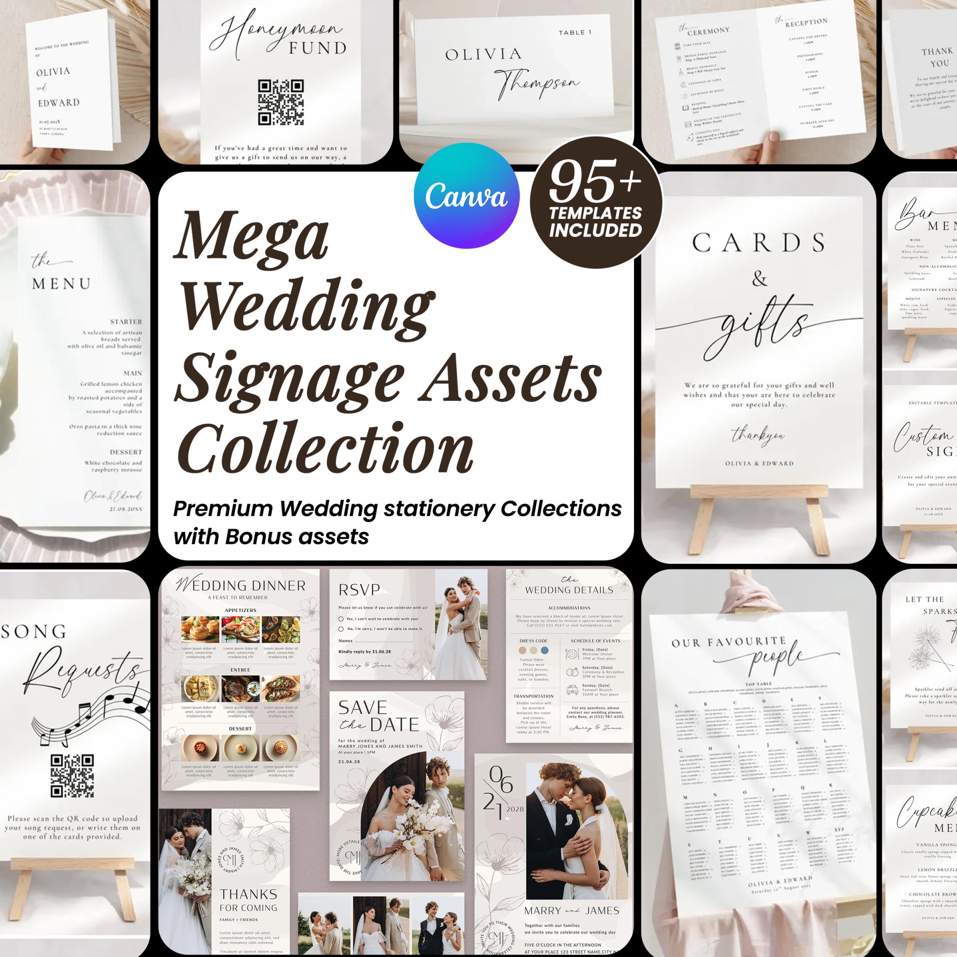 Minimalist Wedding Sign Bundle, Modern Canva Template (95+ Assets)