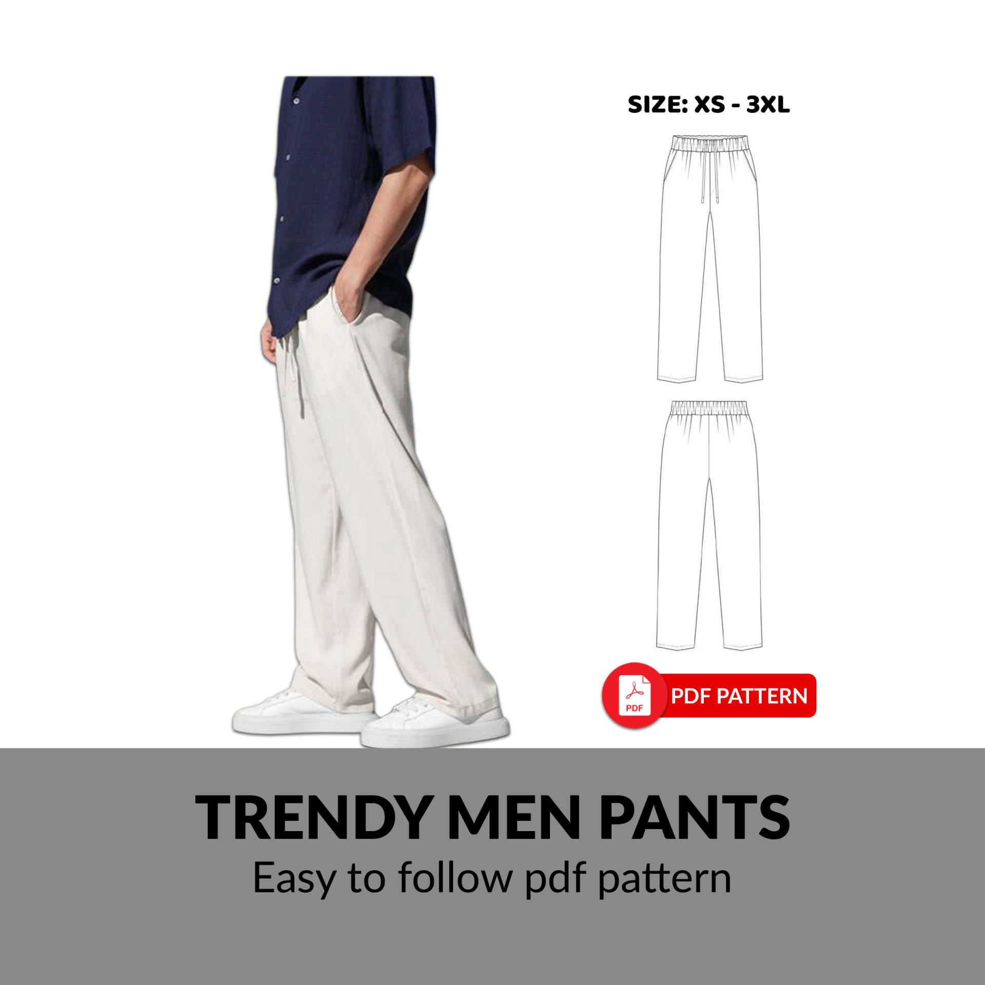 Men's Wide Leg Pants Sewing Pattern, Loose Fit Linen Trousers (PDF Download) - Image 16