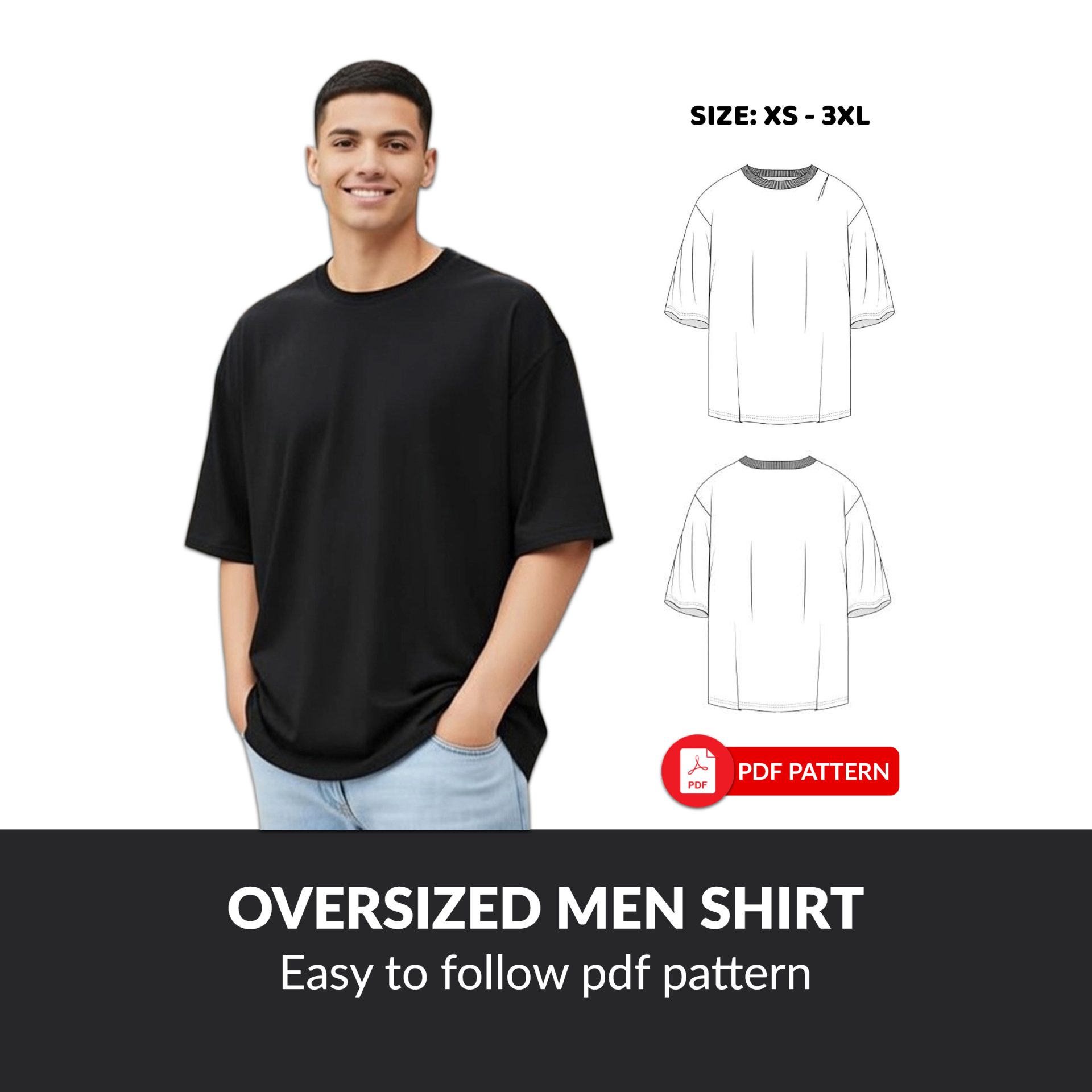 Oversized Men Shirt Sewing Pattern, Comfy PDF Male T-Shirt, Easy Drop Shoulder Tee, Loose Fit Streetwear Pattern - Image 5