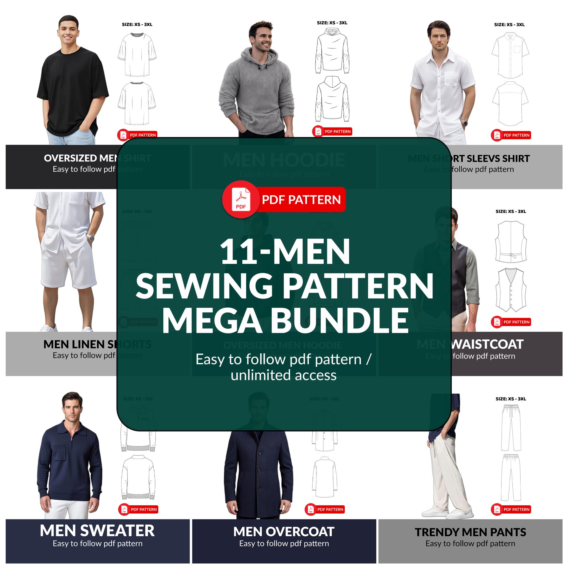 Men's Sewing Patterns Bundle: Vest, Trousers, Hoodie, Overcoat (Digital Download) - Image 21