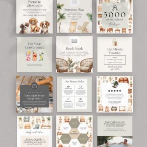 Short Stay Social Media Templates, Canva Editable Airbnb Posts, Aesthetic Vacation Rental Branding Kit, Modern Hospitality Marketing Bundle