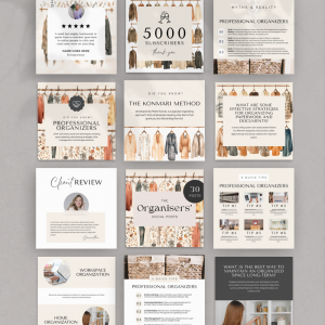 The Organiser's Social Media Templates, Canva Editable Home Organization Posts, Aesthetic Decluttering Branding Kit, Modern Professional Organizer Marketing Bundle