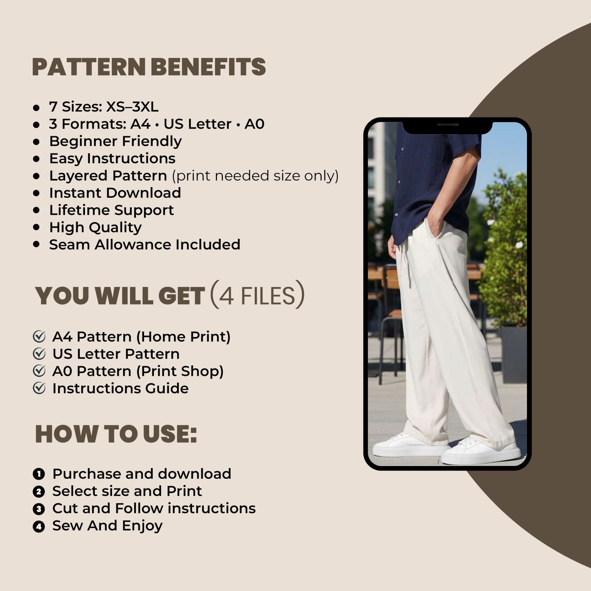 Men's Wide Leg Pants Sewing Pattern, Loose Fit Linen Trousers (PDF Download) - Image 12