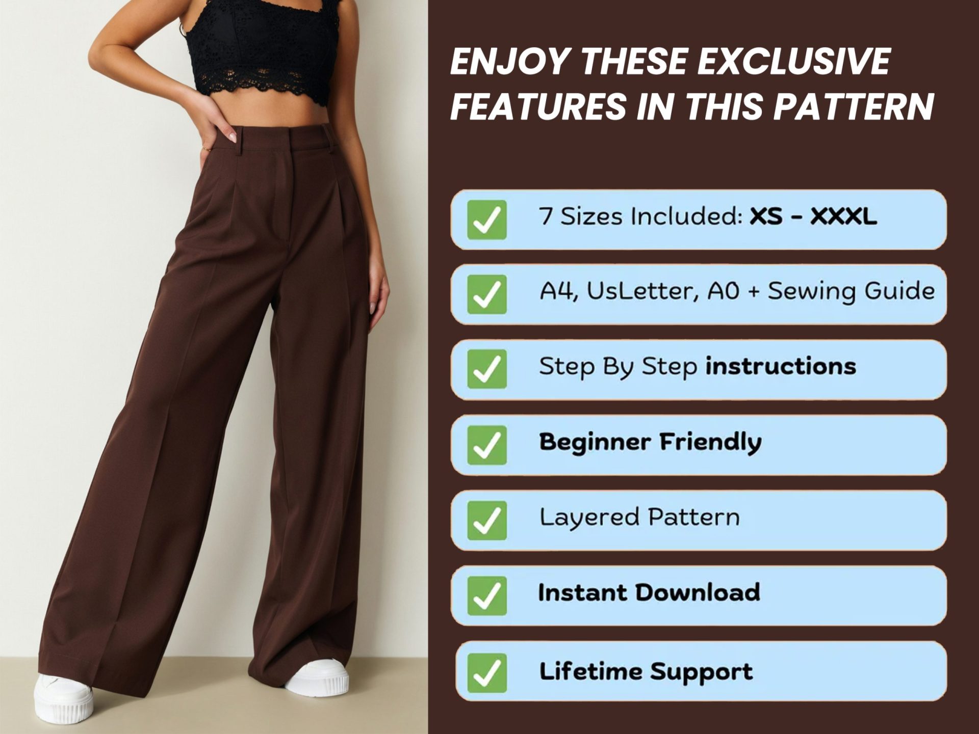 Wide Leg Trouser Pants Sewing Pattern, Women's Trendy Trousers (XS-3XL) (PDF Pattern) - Image 6