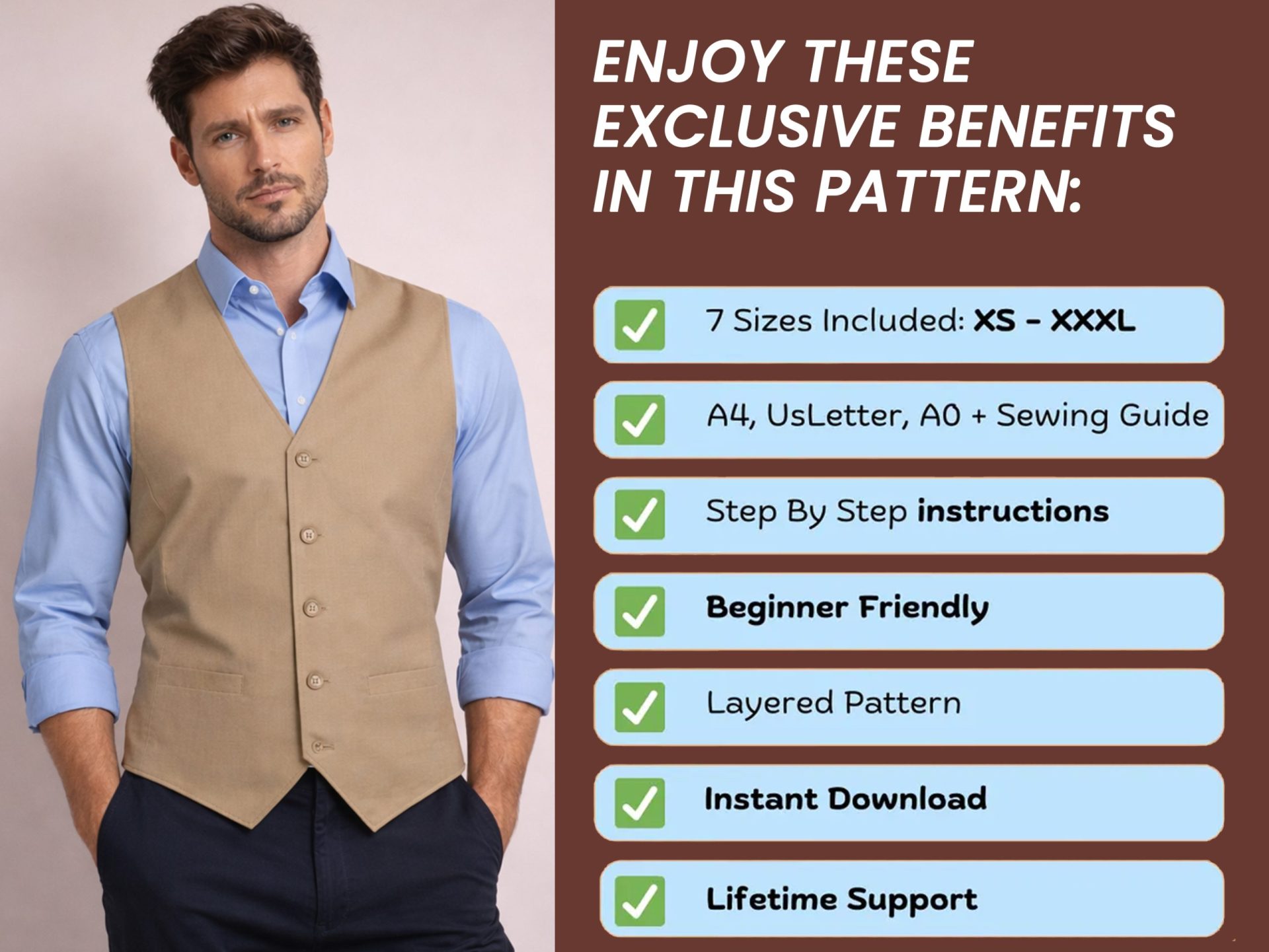 Men Vest Pattern PDF, Classic Waistcoat Suit, Beginner-Friendly Digital Download, XS–XXXL - Image 10